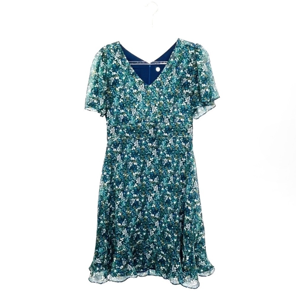 Margaret O’Leary Dress Size Medium Floral Green Navy Blue V-Neck Flutter Ruffle